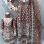 NEW EMBROIDERED 3 PIECE MOTHER & DAUGHTER READYMADE LINEN FROCK SUITS