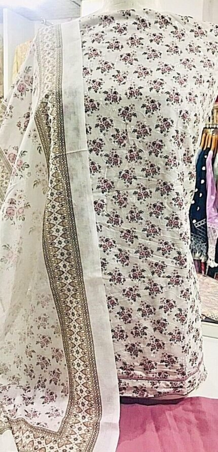 Unstitched Asian Chiken embroidery Cotton printed shalwar kameez suits.