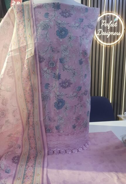 Ladies Unstitched soft cotton printed thread work shalwar kameez 3 piece suits.