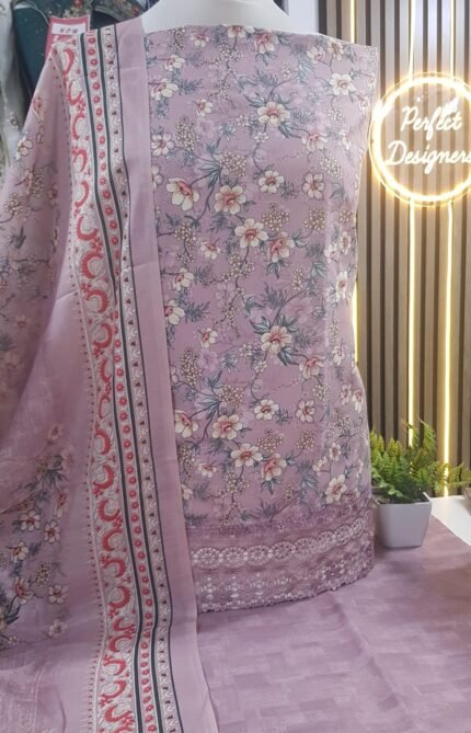 Ladies Unstitched soft cotton printed thread work shalwar kameez 3 piece suits.
