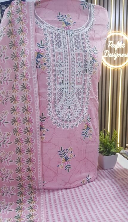 Ladies Unstitched soft cotton printed thread work shalwar kameez 3 piece suits