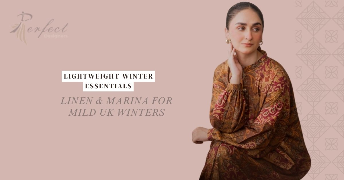 Pakistani woman wearing linen and marina winter dress suitable for mild UK winters