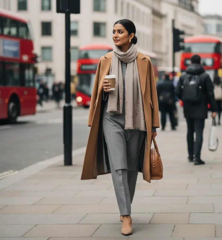 5 Office Looks for British Pakistani Women - Marina Cord Set with Wool Coat and Scarf