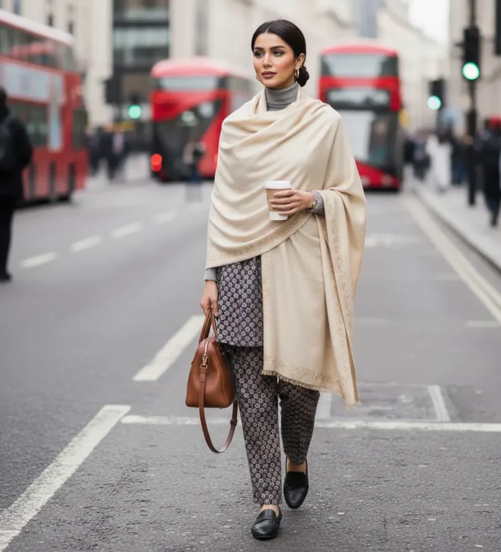 Printed Shawl over Plain 3-Piece Suit