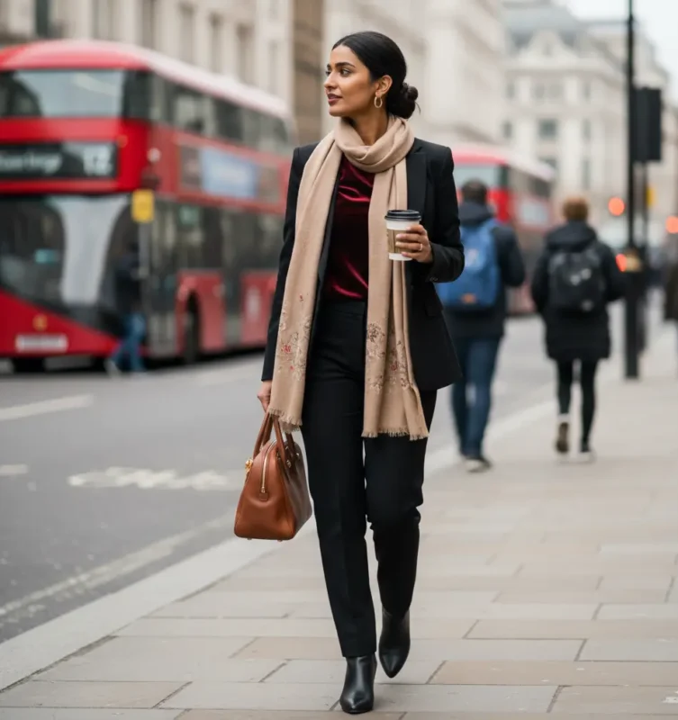 5 Office Looks for British Pakistani Women - Velvet Set with Blazer and Structured Boots