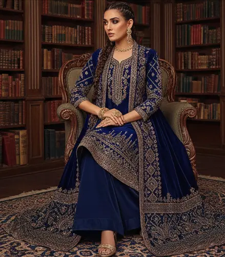 Model wearing micro velvet 9000 fabric suit