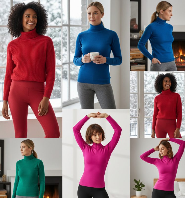 thermal wear and turtle necks for women office wear under Pakistani winter dresses.