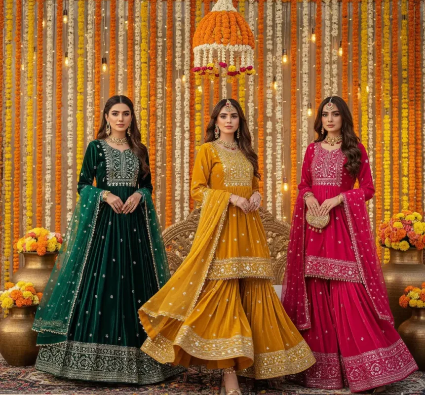 velvet dresses in mehndi function